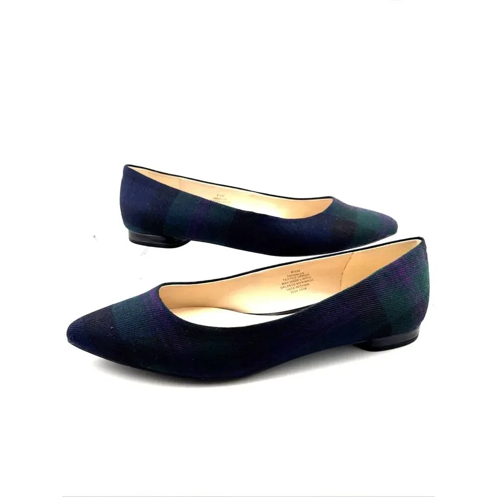 Nine West Women's Onlee Multicolor Plaid Fabric Pointed Toe Flats Size 8 M NWB